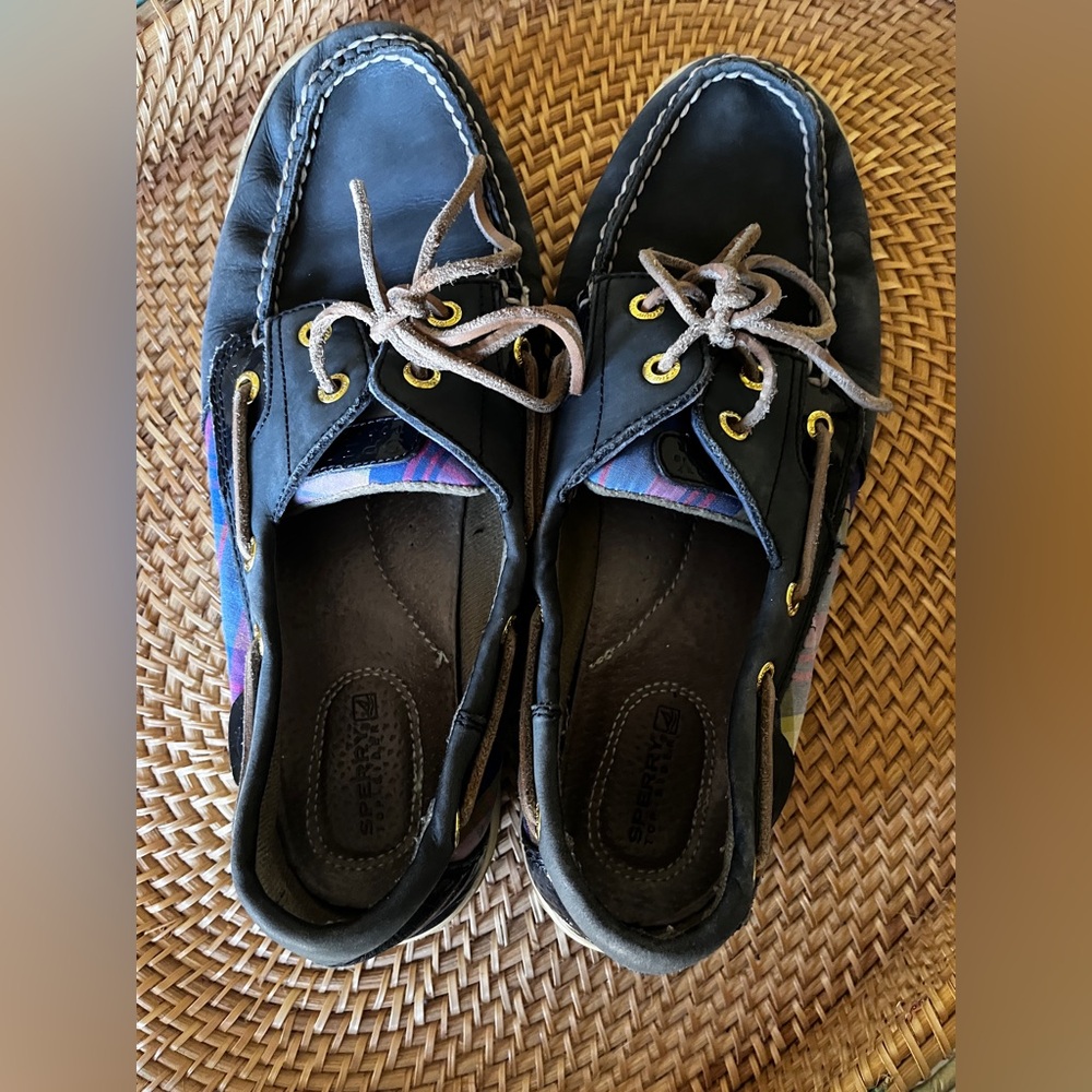 Sperry Blue Boat Shoes with Plaid Accents